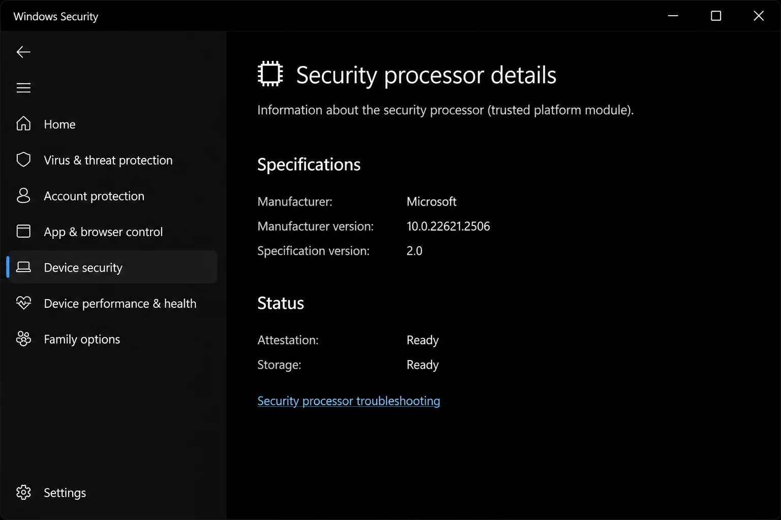 Windows Security app Device security page showing Security processor details with specification version and manufacturer fields