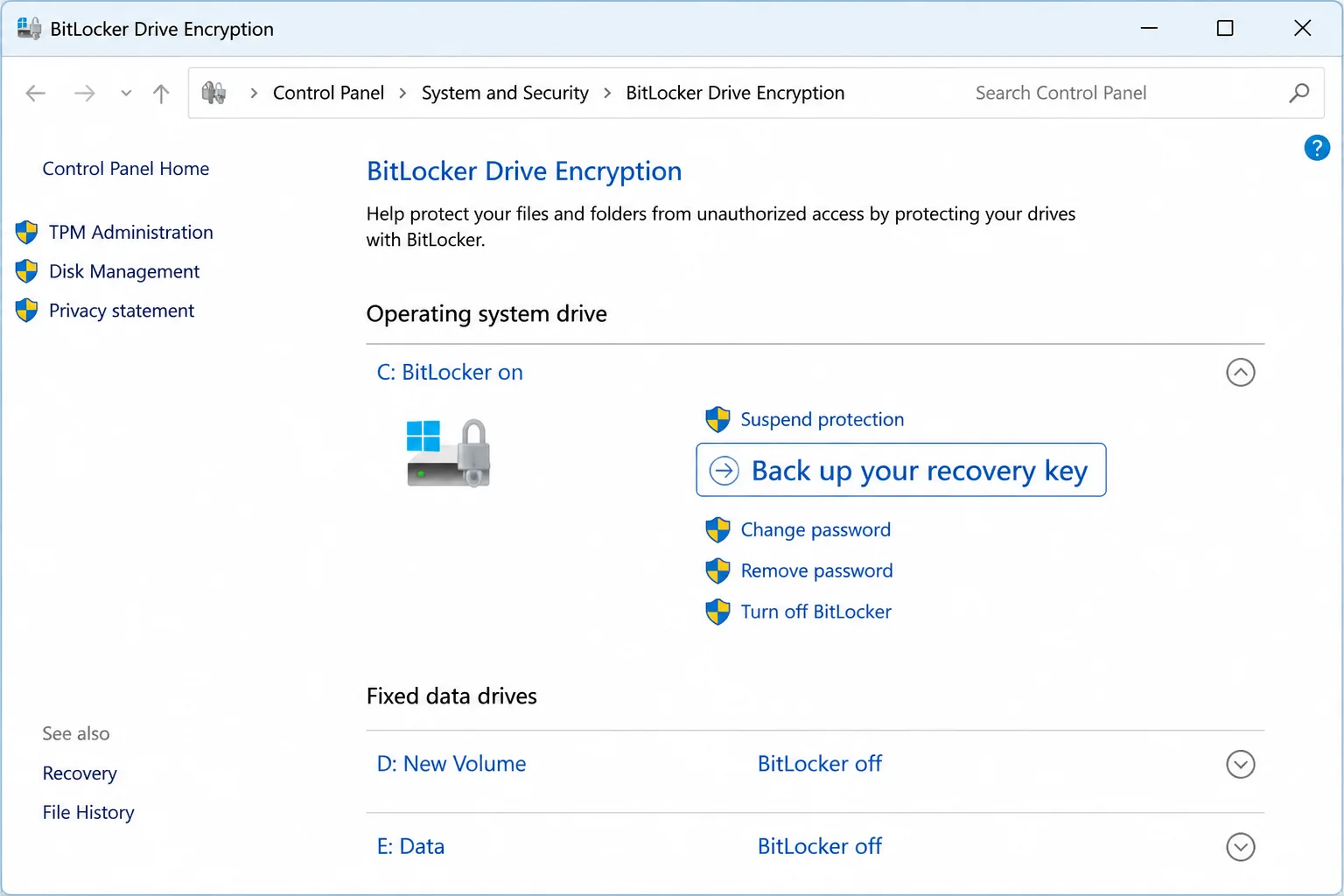 Control Panel BitLocker Drive Encryption screen showing the "Back up your recovery key" option for the system drive