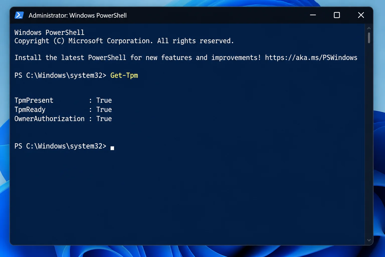 PowerShell window running Get-Tpm with TpmPresent, TpmReady, and OwnerAuthorizationPossible fields visible in the output