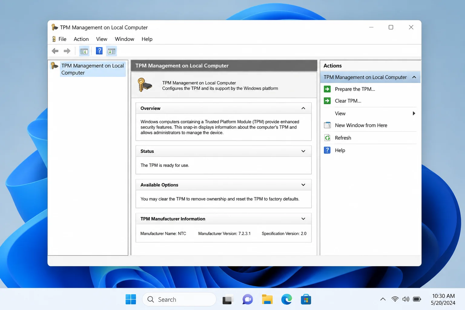 TPM Management console showing the Status panel and Manufacturer/Version information, with the Clear TPM action visible in the right-hand panel