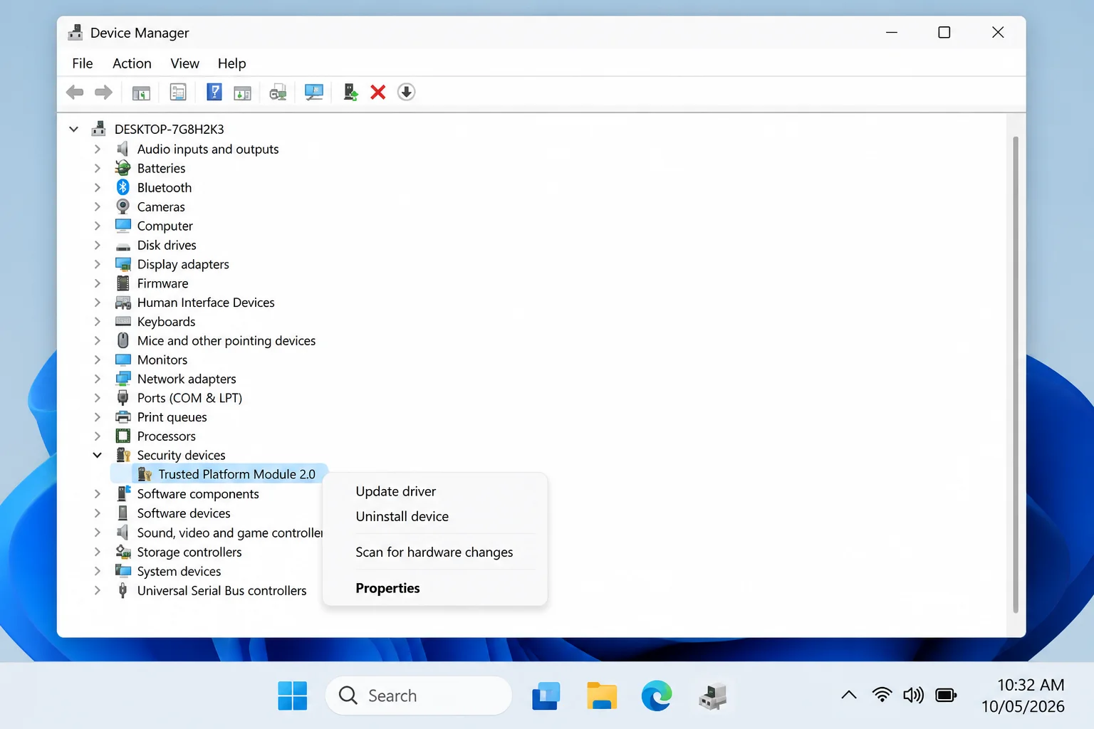 Device Manager with the Security devices node expanded showing the Trusted Platform Module entry