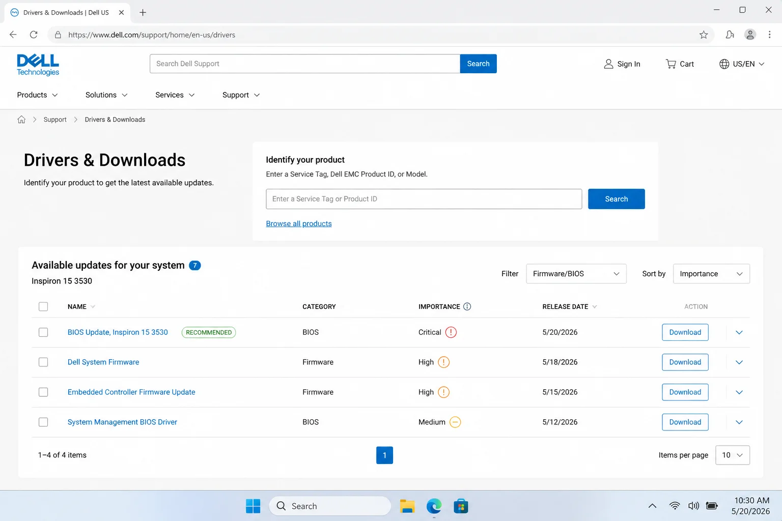 Dell Support drivers and downloads page with the Service Tag search field and firmware/BIOS category filter visible