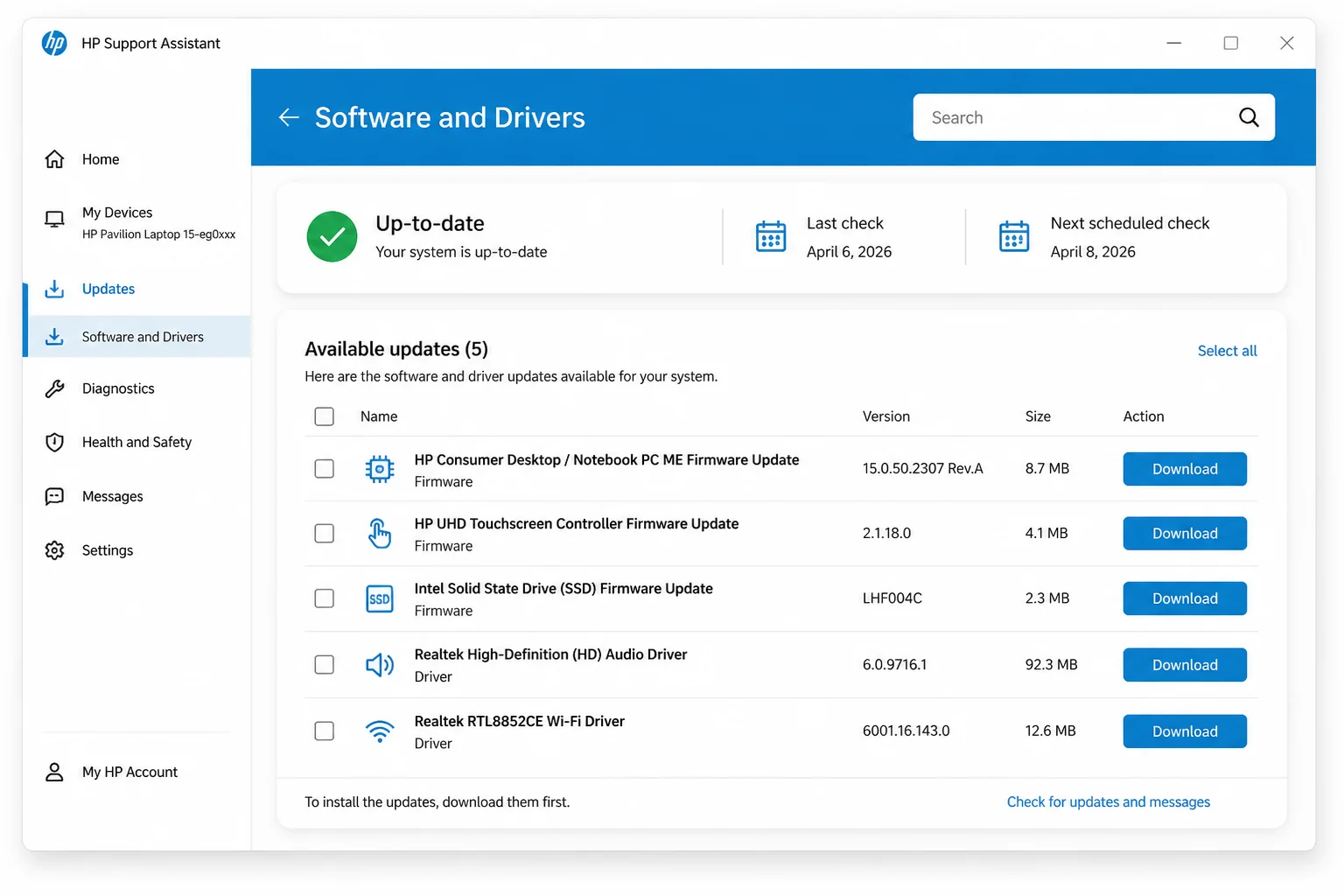 HP Support Assistant interface showing the list of available driver and firmware updates for the detected PC model