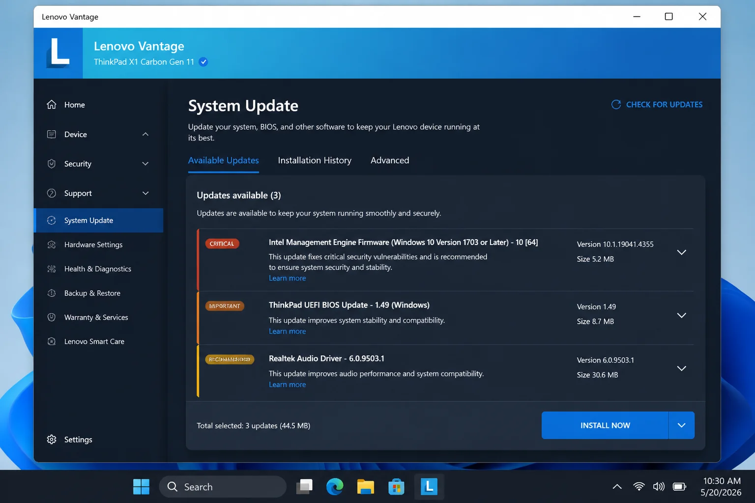 Lenovo Vantage or Lenovo System Update interface showing the firmware update category with available updates listed