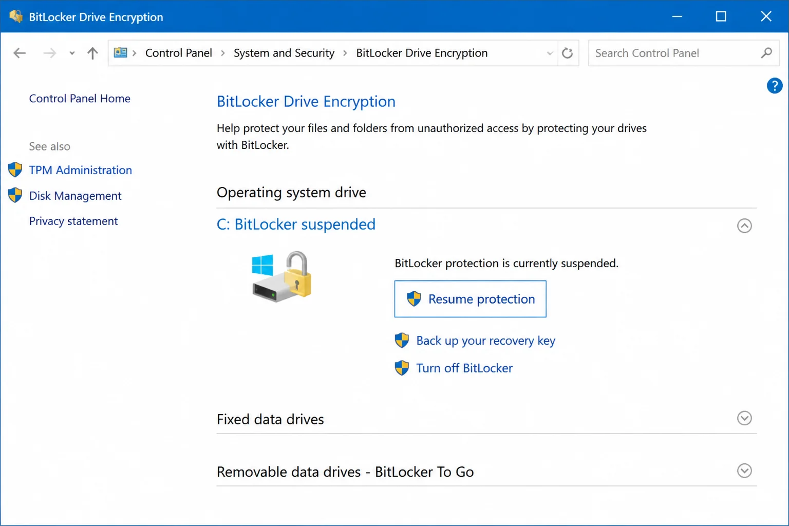 BitLocker Drive Encryption control panel showing the Resume protection option after suspension