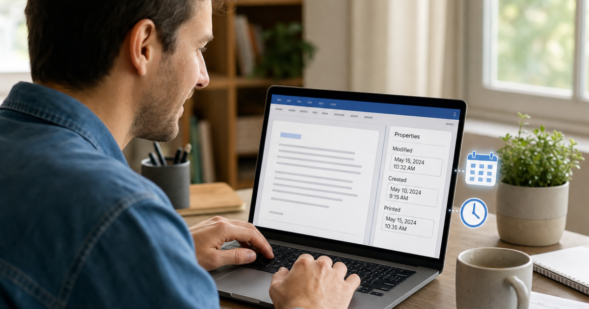 Person typing on a laptop at a desk, with a document editor and reminder icons (calendar and clock) visible on screen edge in a home office setting