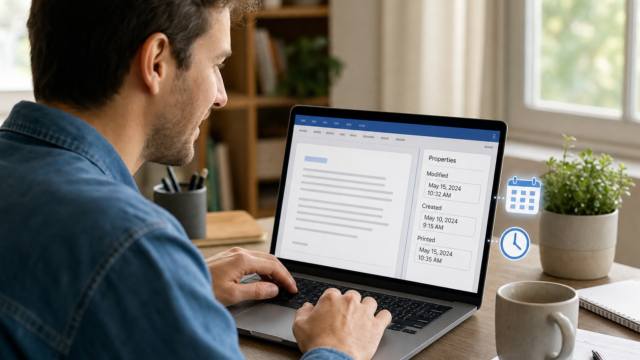 Person typing on a laptop at a desk, with a document editor and reminder icons (calendar and clock) visible on screen edge in a home office setting