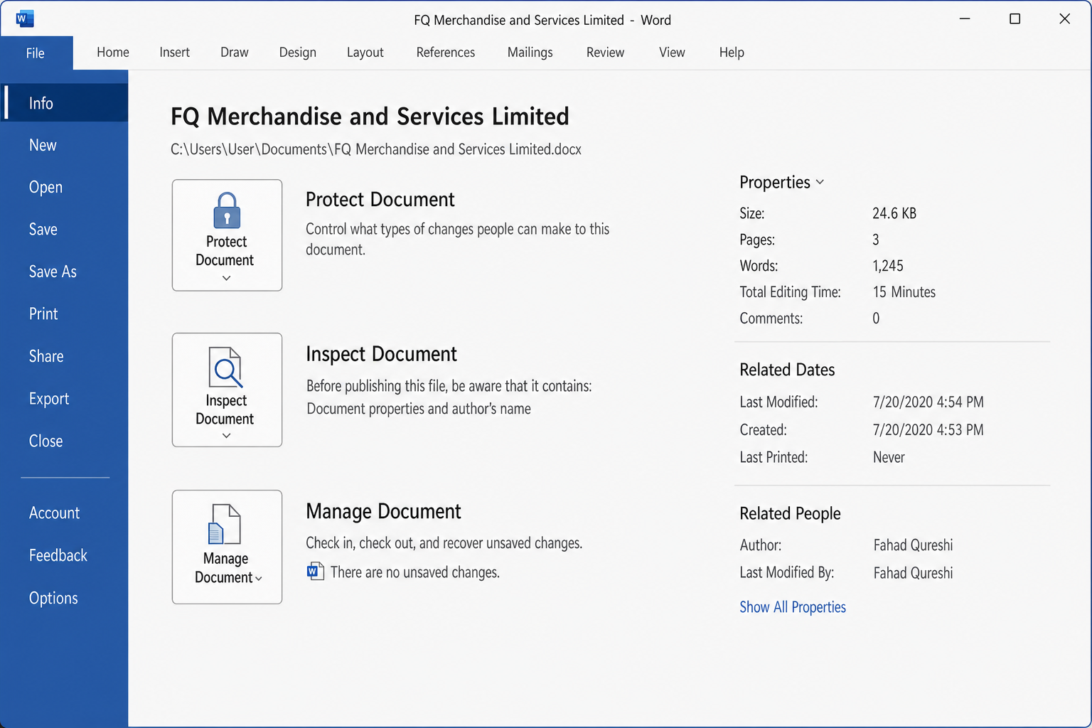Word Backstage File > Info pane with the Related Dates section visible on the right, showing Last Modified, Created, and