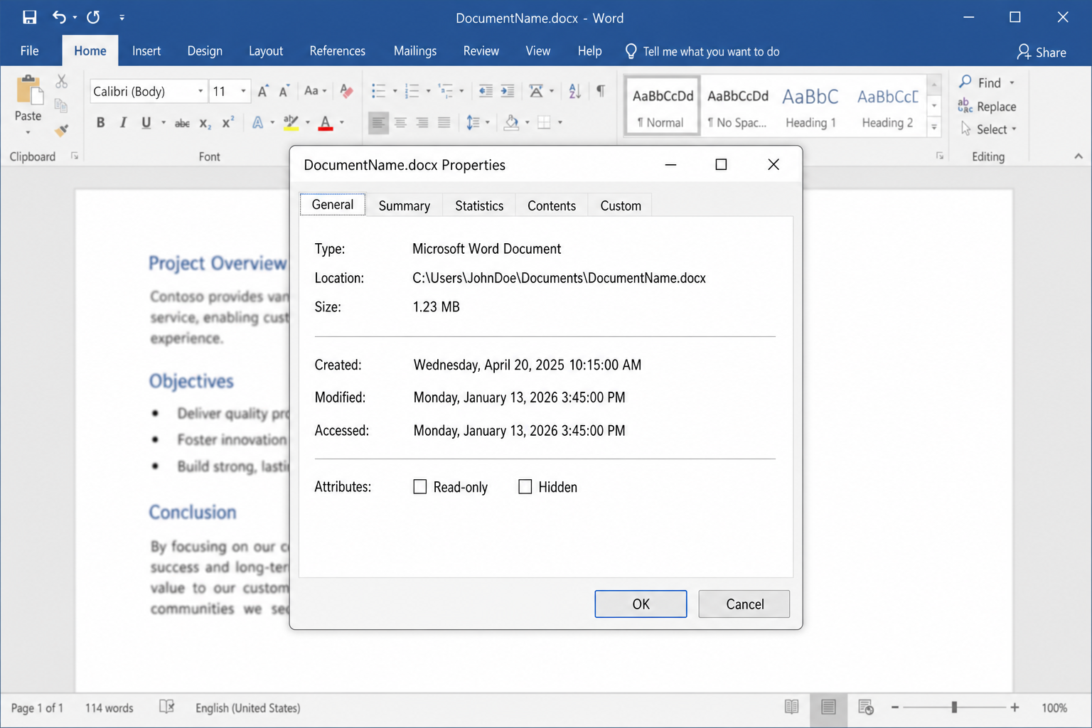 Word Advanced Properties dialog box with the General tab selected, showing Created, Modified, and Accessed date fields