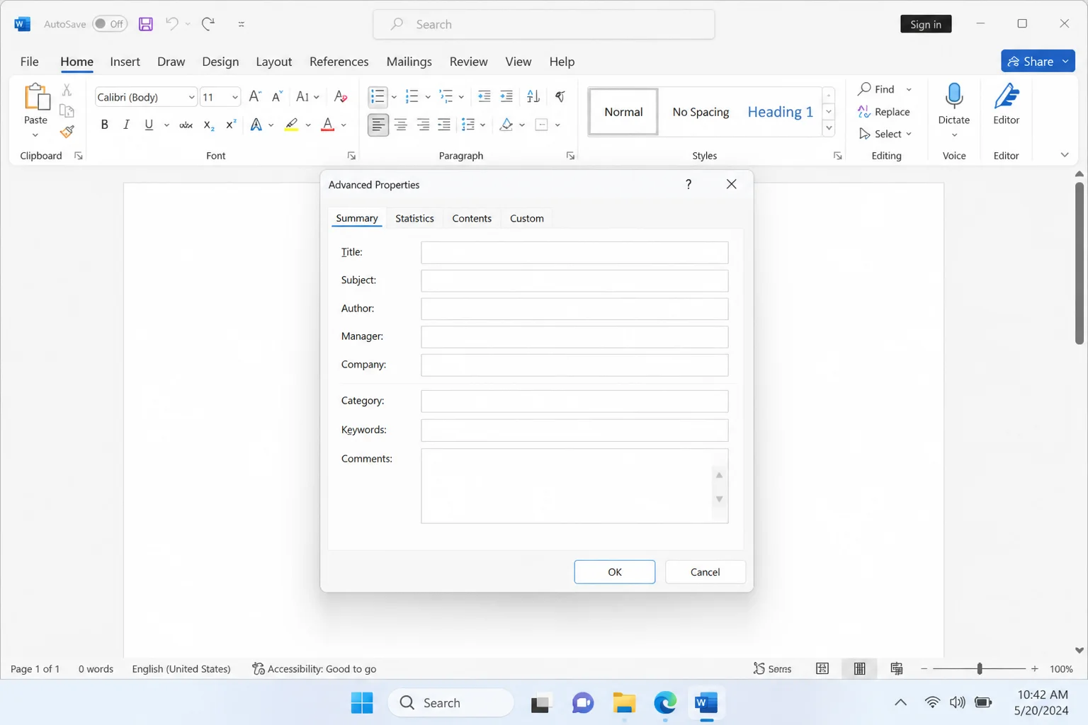 Word Advanced Properties dialog box with the Summary tab selected, showing editable fields for Title, Subject, Author, and
