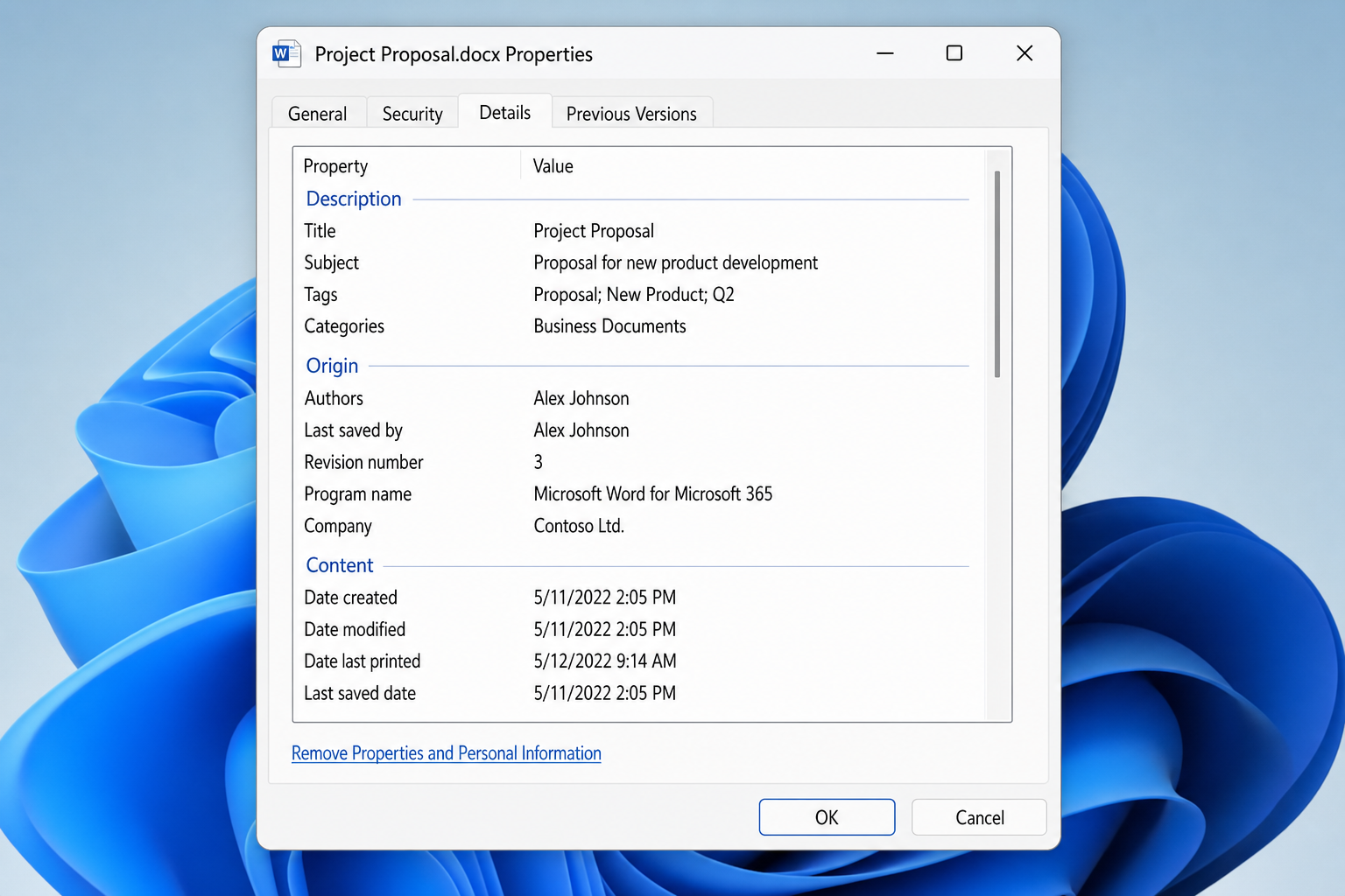 Windows 11 File Explorer file Properties dialog with the Details tab selected, showing Date modified and Date created fields