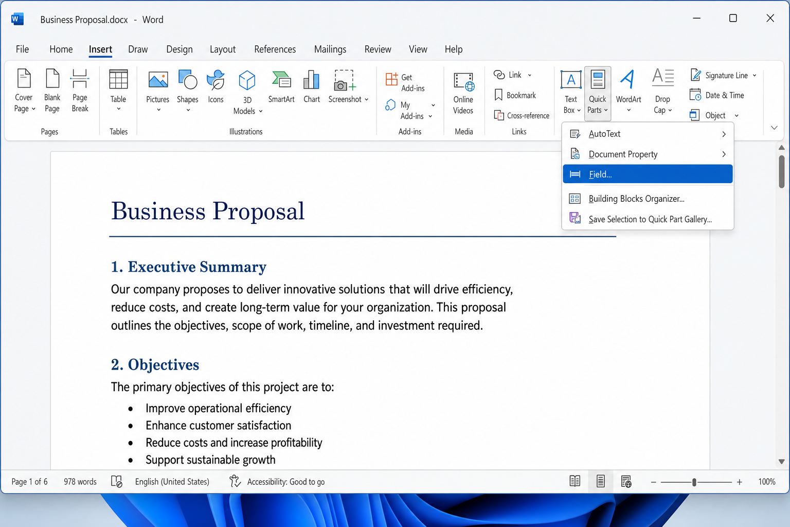Word Insert tab with Quick Parts drop-down open and Field option highlighted in the Text group