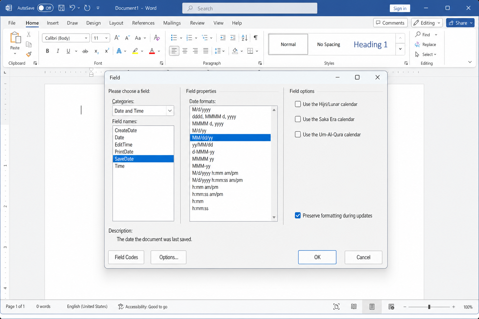 Word Field dialog box with Categories set to Date and Time, SaveDate selected in the Field names list, and a date format