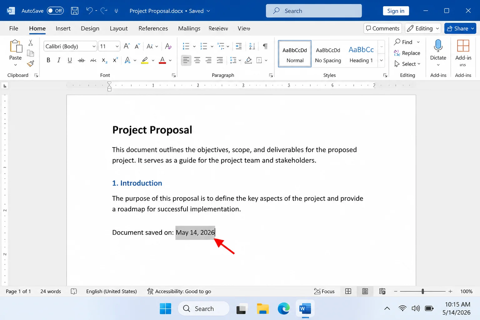 Word document body showing an inserted SaveDate field with gray field shading visible when cursor is placed inside it