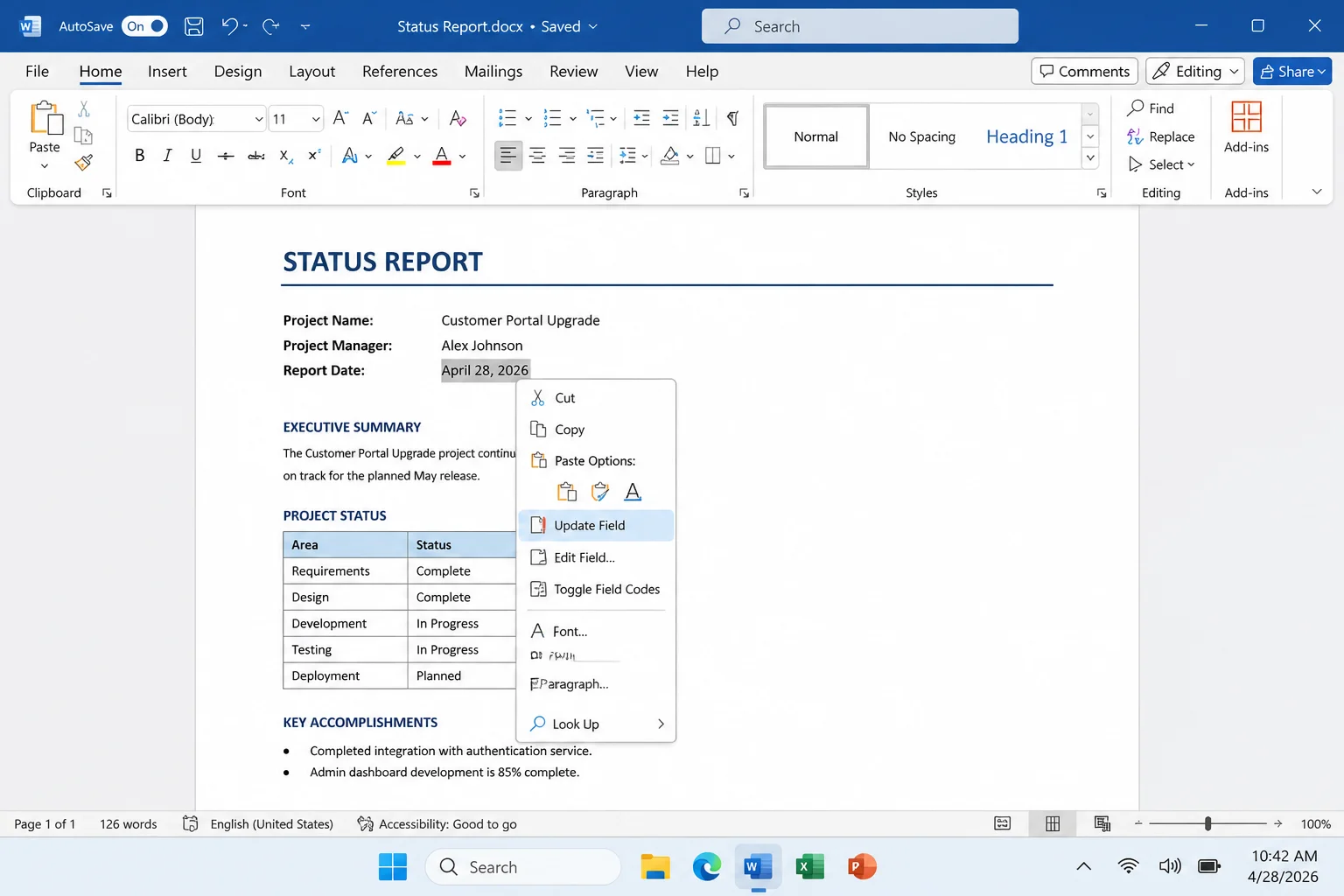 Word document with SaveDate field right-clicked, showing context menu with Update Field option highlighted