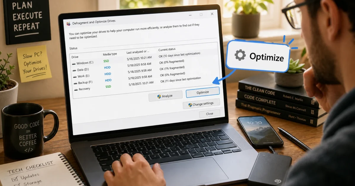 Person at a desk using a laptop with a disk defragment/optimize window on screen and an highlighted 'Optimize' callout, plus a coffee mug and plant nearby.