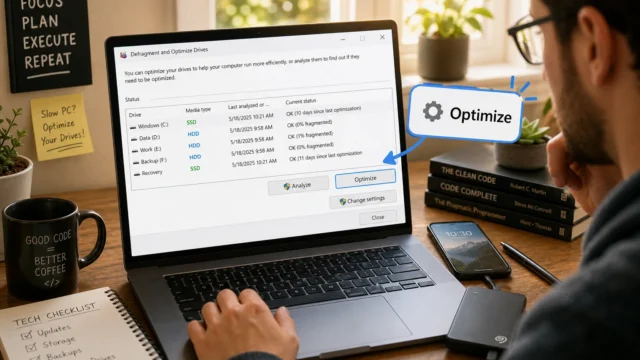 Person at a desk using a laptop with a disk defragment/optimize window on screen and an highlighted 'Optimize' callout, plus a coffee mug and plant nearby.