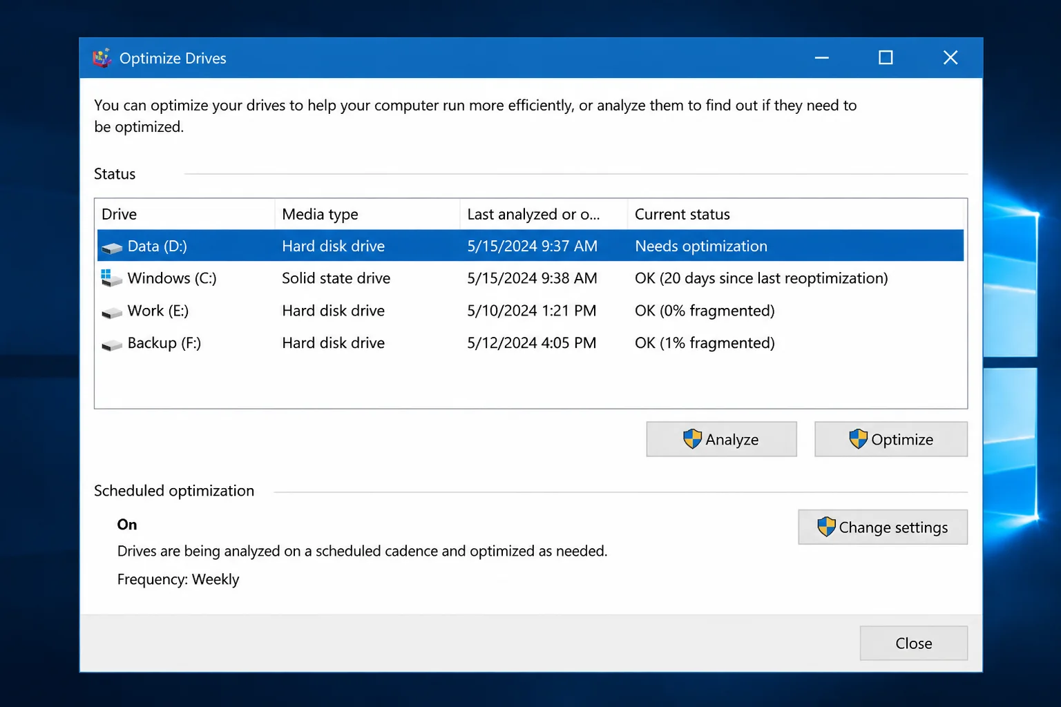 Optimize Drives window showing the full drive list with Drive, Media type, Last run, and Current status columns, with an HDD selected and the Analyze and Optimize buttons visible at the bottom right