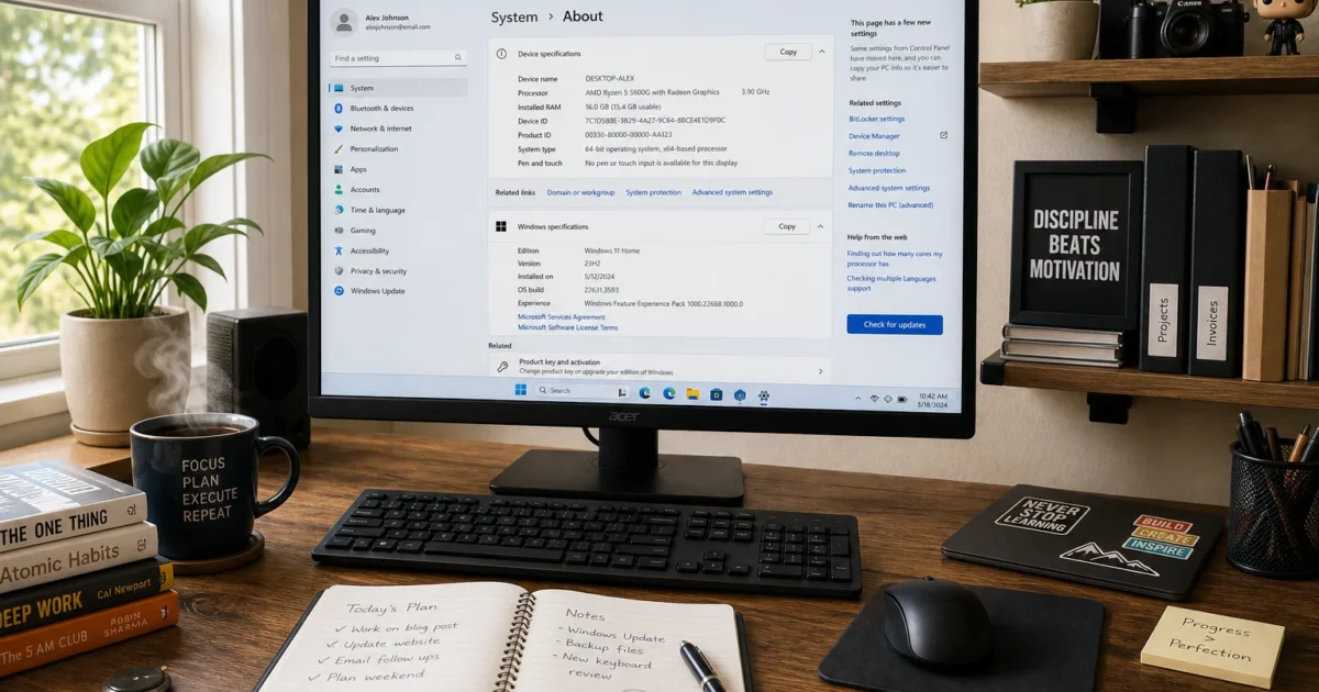 Desktop computer setup on a wooden desk showing Windows System > About page on the monitor, with keyboard, mouse, notebook, mug, plant, and shelves in a bright home office.