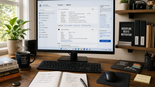 Desktop computer setup on a wooden desk showing Windows System > About page on the monitor, with keyboard, mouse, notebook, mug, plant, and shelves in a bright home office.