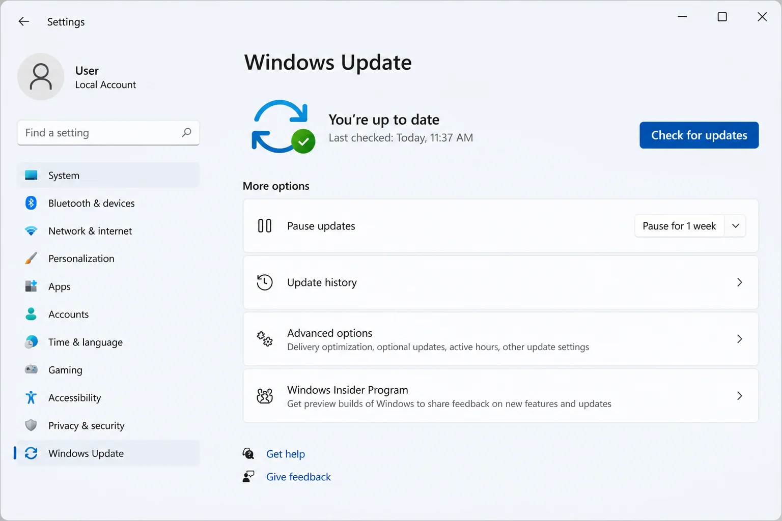 Windows 11 Settings > Windows Update with the Check for updates button highlighted