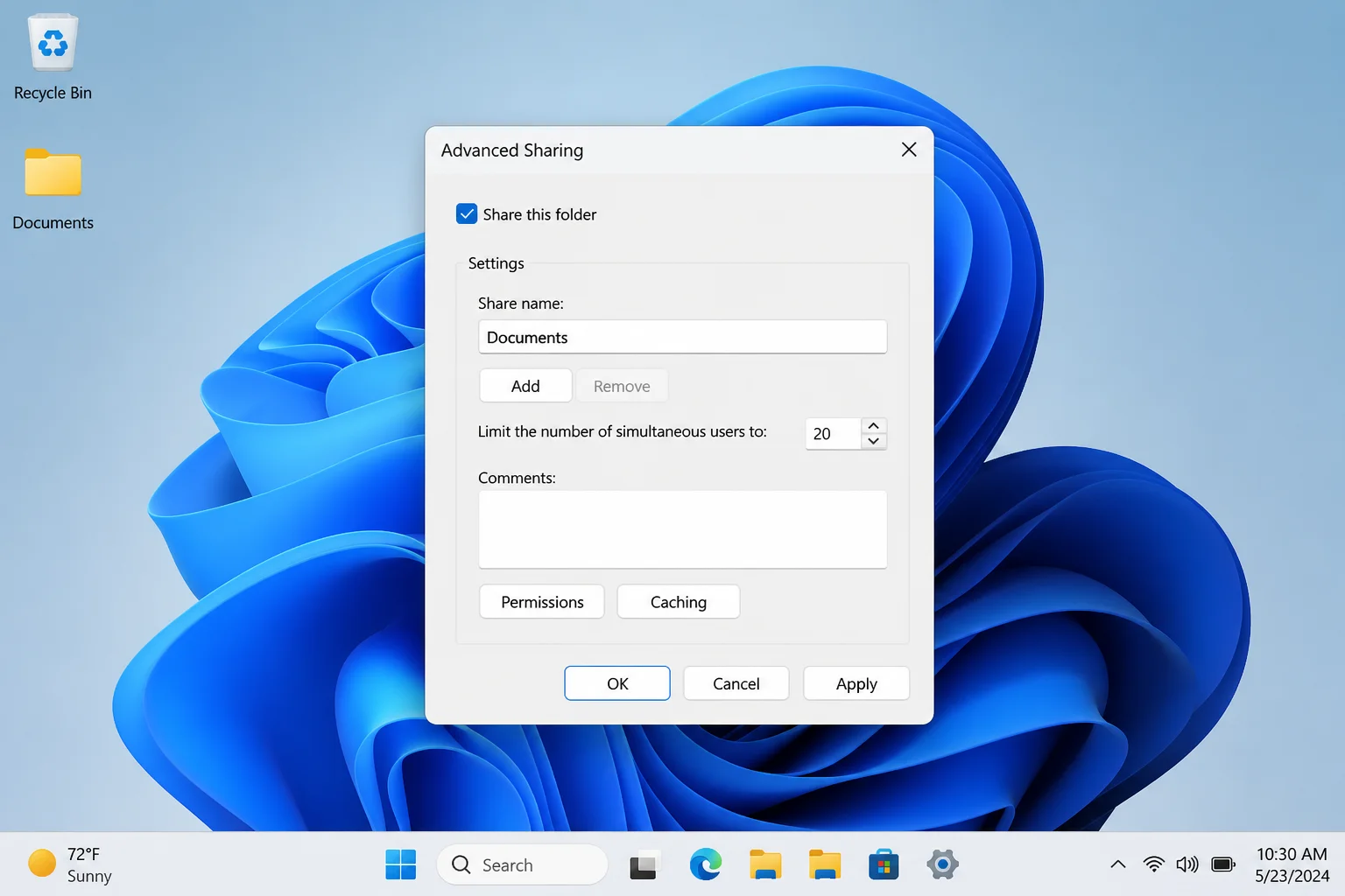 Windows 11 folder Advanced Sharing dialog with Share this folder selected and the Permissions button visible