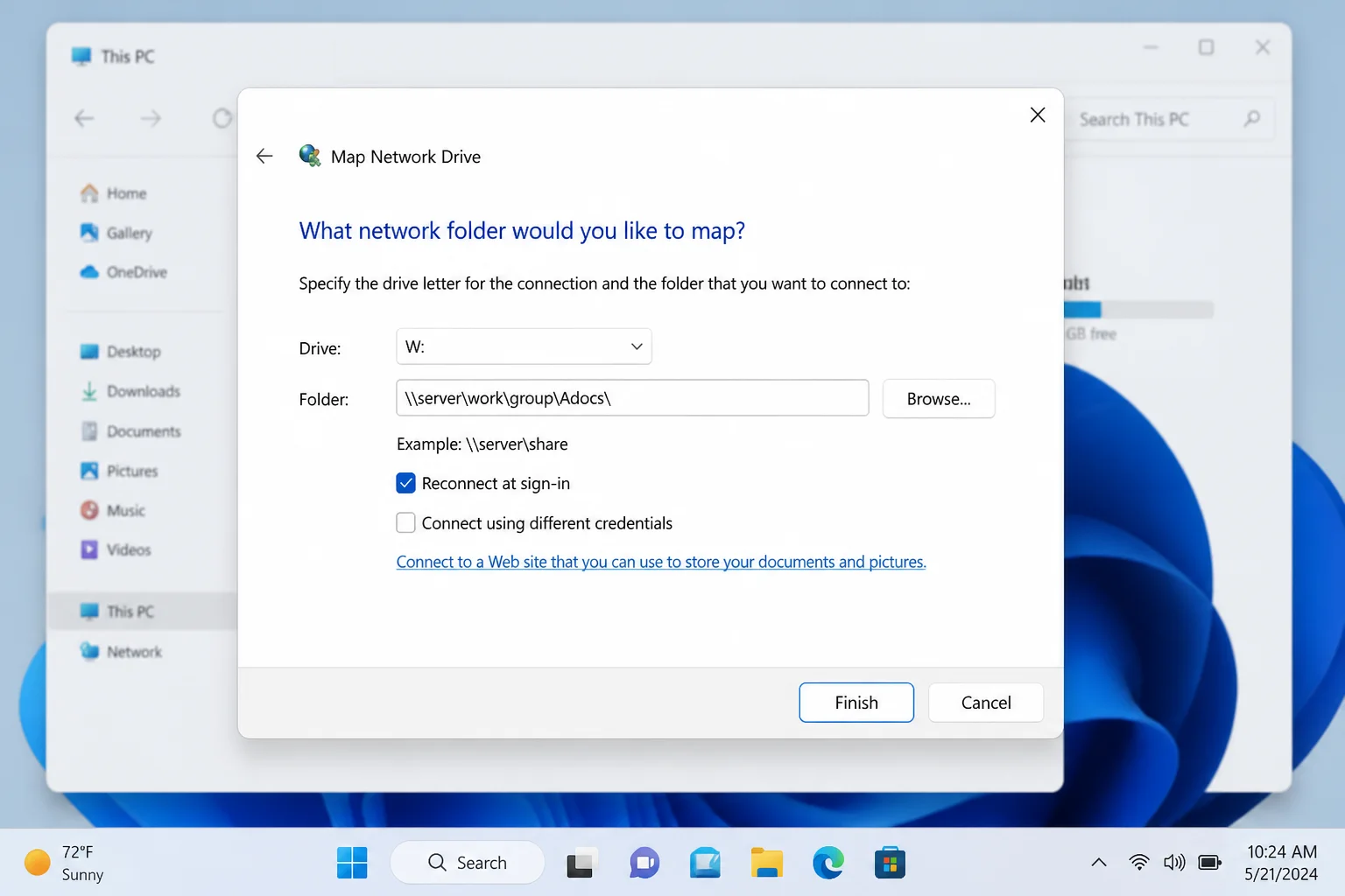 Windows 11 Map Network Drive dialog with a drive letter selected and a sample network folder path entered