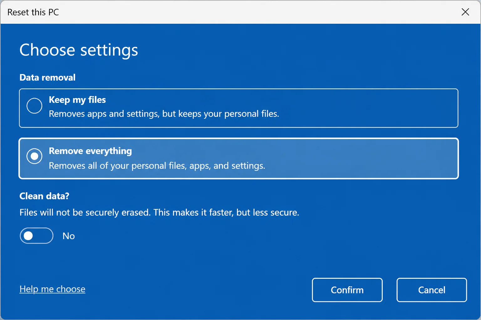 Windows 11 Reset this PC options showing Remove everything and the data-cleaning setting