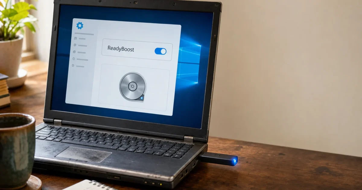 Laptop on a wooden desk displaying Windows ReadyBoost settings with a blue toggle and a USB drive plugged in
