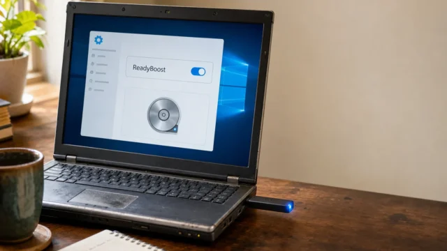 Laptop on a wooden desk displaying Windows ReadyBoost settings with a blue toggle and a USB drive plugged in