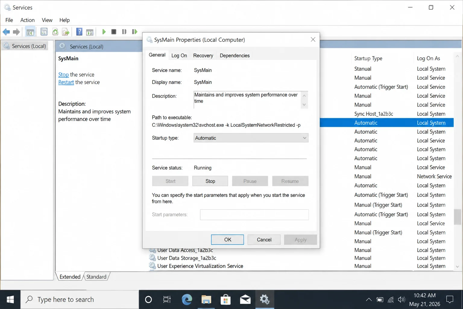 services.msc with SysMain service double-clicked, showing Properties dialog with Startup type set to Automatic and Service status Running