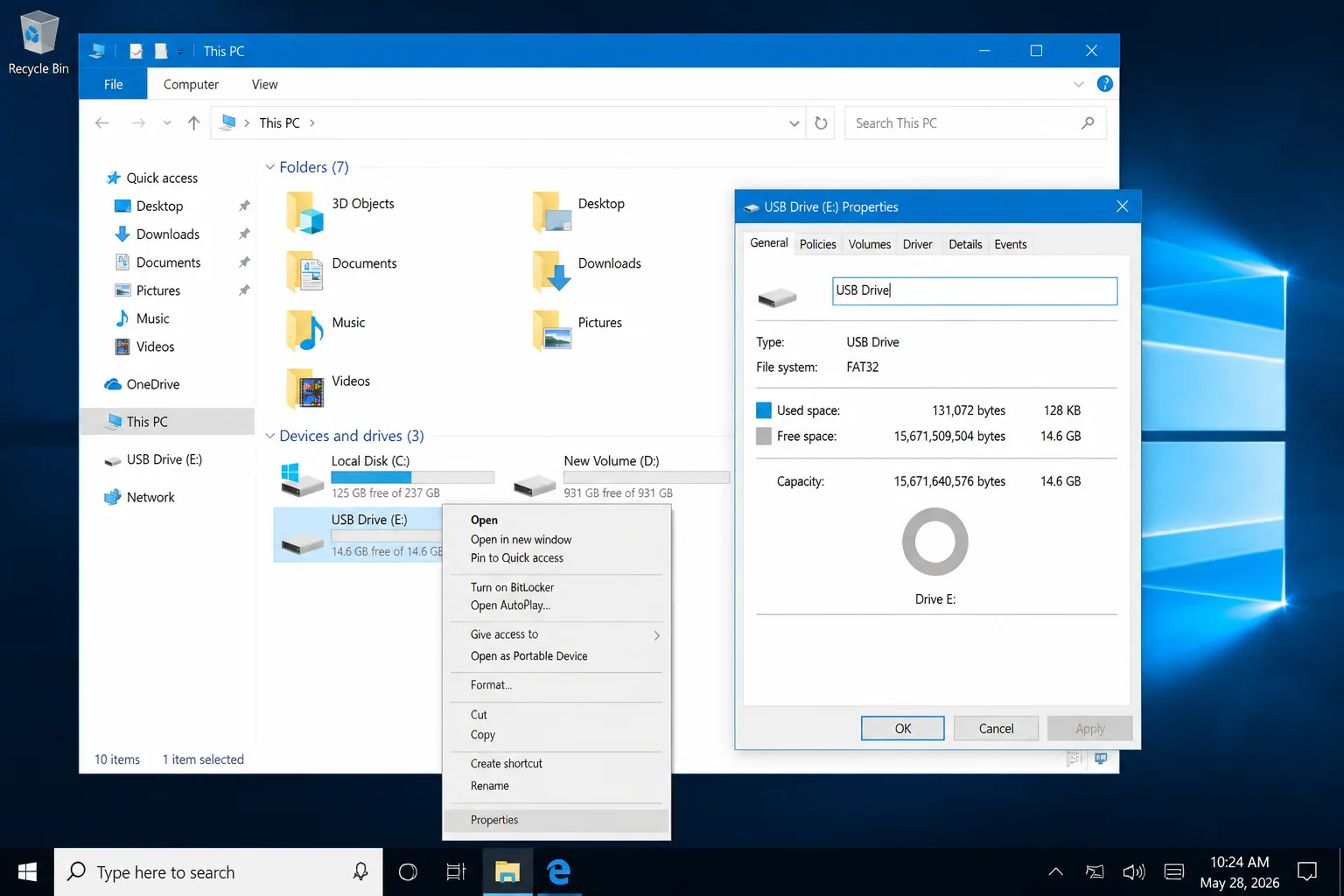 File Explorer showing This PC with a USB drive right-clicked and Properties selected