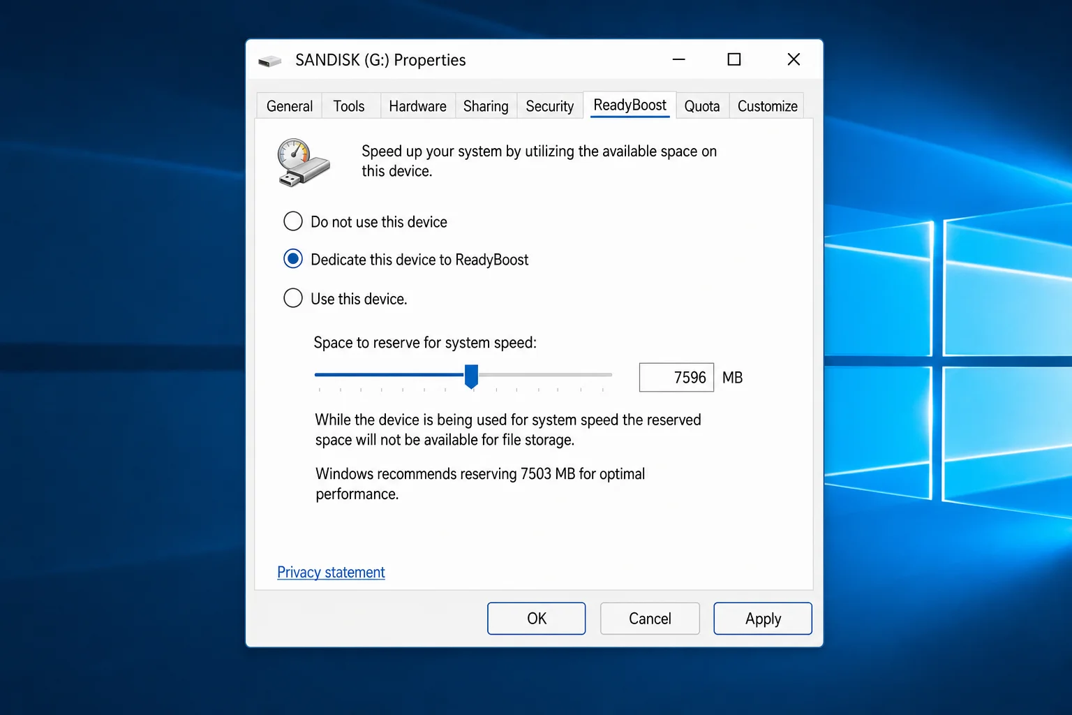 USB drive Properties dialog open on the ReadyBoost tab, showing "Dedicate this device to ReadyBoost" selected and Apply button visible