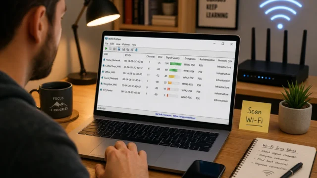 Person at a desk looks at a laptop displaying a Wi‑Fi network list in WifiInfoView; sticky note reads 'Scan Wi‑Fi' beside a small plant.