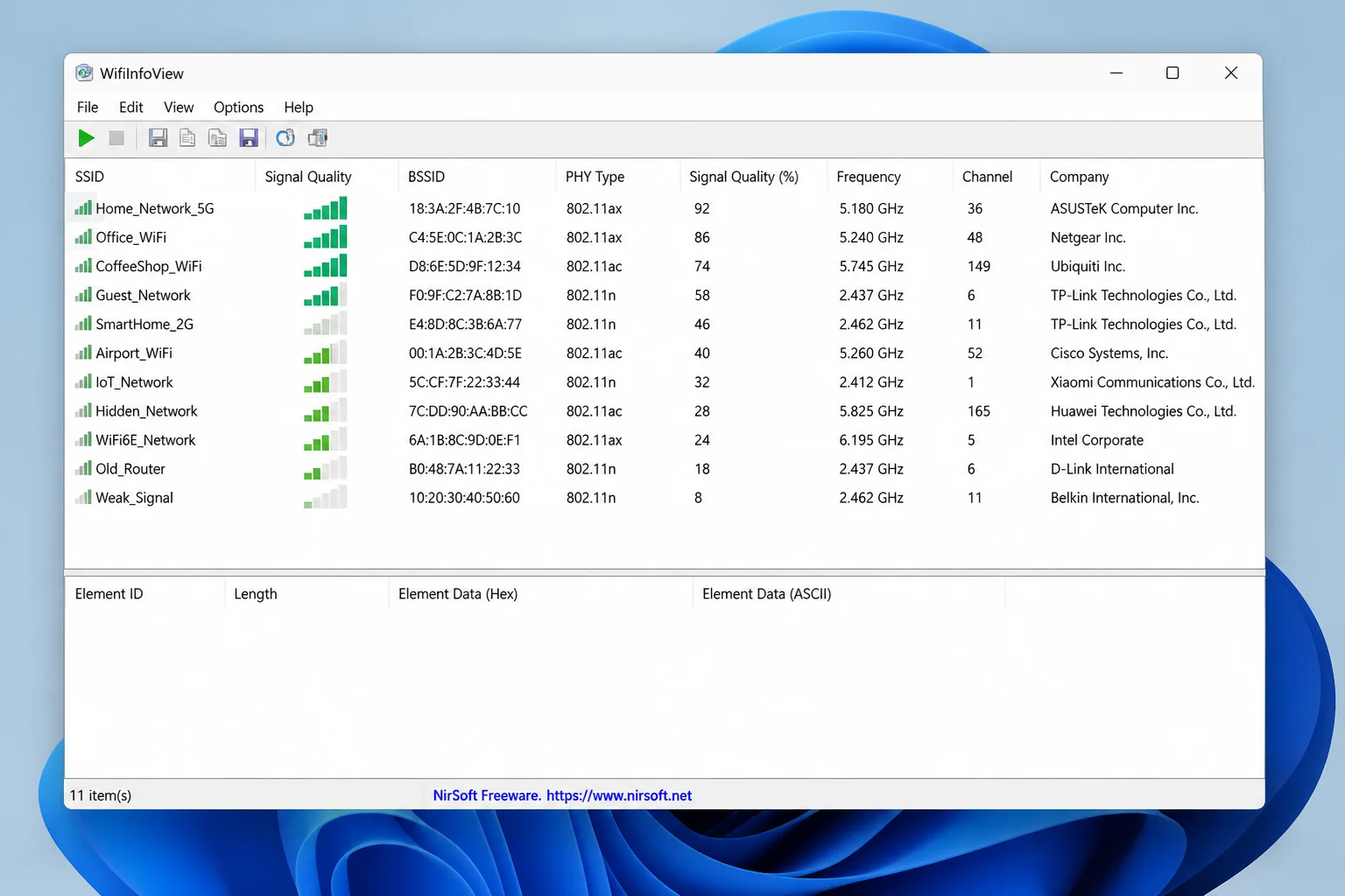 WifiInfoView main window on Windows 11 showing the upper pane filled with detected Wi-Fi networks. Visible columns include SSID, signal quality bars, BSSID/MAC address, PHY type (802.11ax/ac/n)