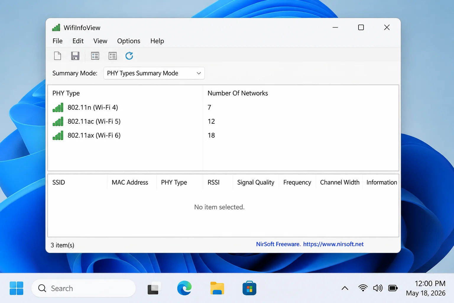 WifiInfoView in PHY Types Summary Mode on Windows 11 showing Wi-Fi standards (802.11n/Wi-Fi 4, 802.11ac/Wi-Fi 5, 802.11ax/Wi-Fi 6) each with a count of nearby networks detected using that standard