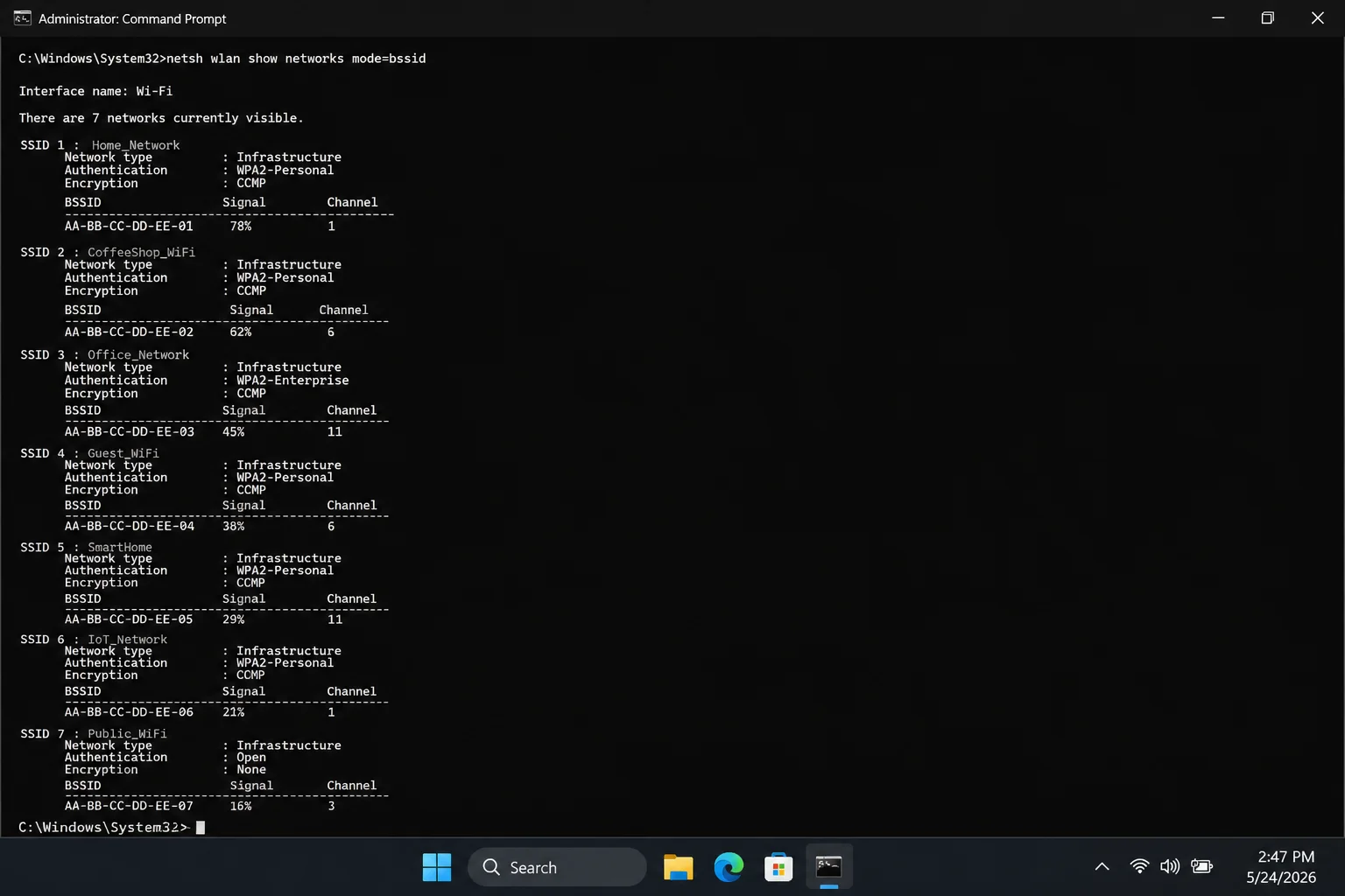 Windows 11 Command Prompt showing the output of "netsh wlan show networks mode=bssid" with several nearby Wi-Fi networks listed, each displaying SSID, network type, authentication method, encryption