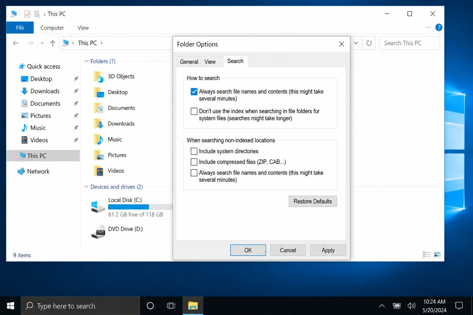 Folder Options dialog Search tab showing the Always search file names and contents checkbox