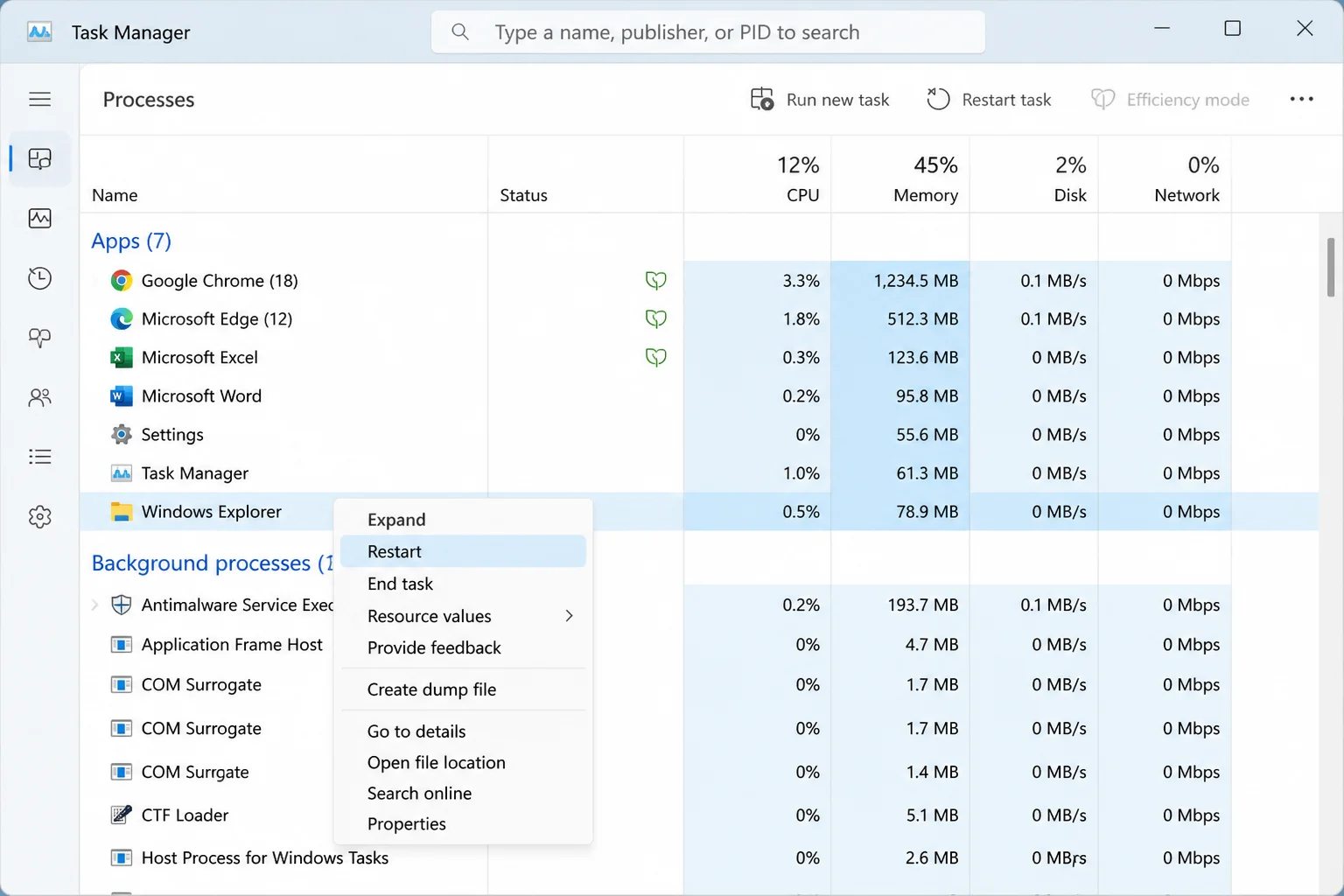 Task Manager Processes tab with Windows Explorer selected and the right-click context menu open showing the Restart option