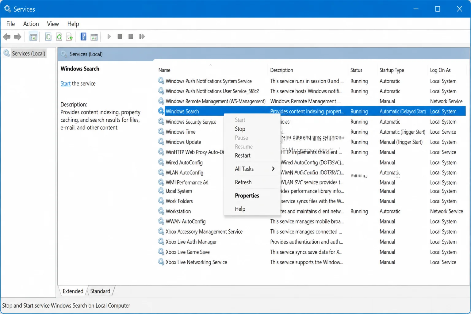 Services window showing the Windows Search service row highlighted with the right-click context menu showing Restart and Properties options