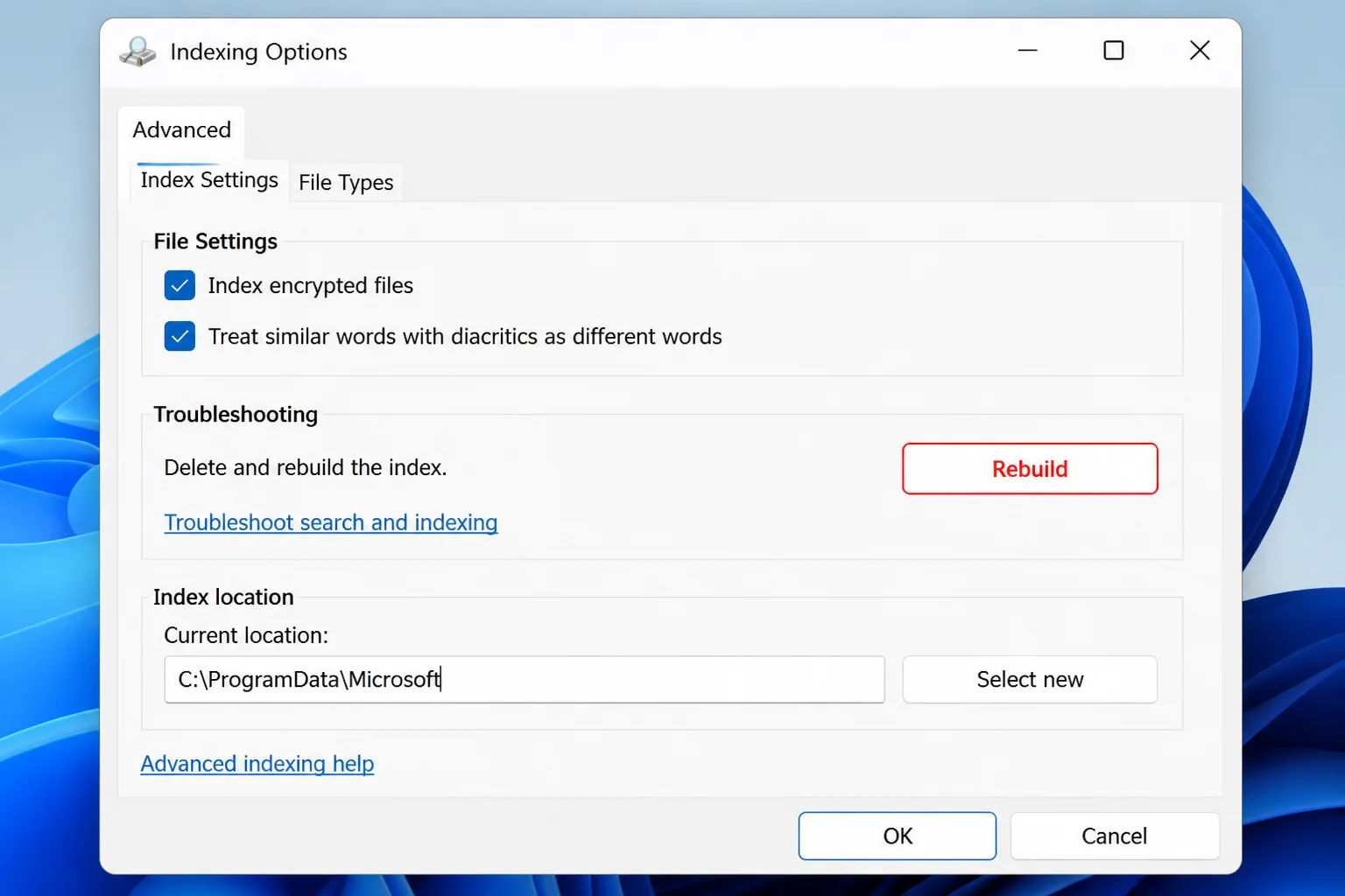 Indexing Options Advanced dialog on the Index Settings tab with the Rebuild button highlighted under the Troubleshooting section