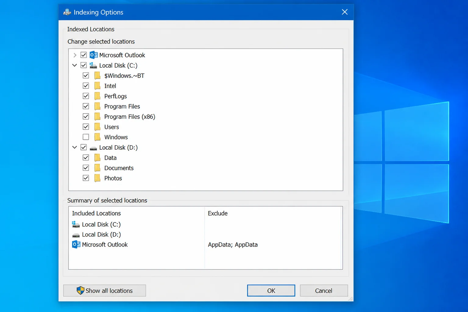Indexing Options Modify dialog showing a tree of drives and folders with checkboxes indicating which locations are indexed, with one unchecked folder visible