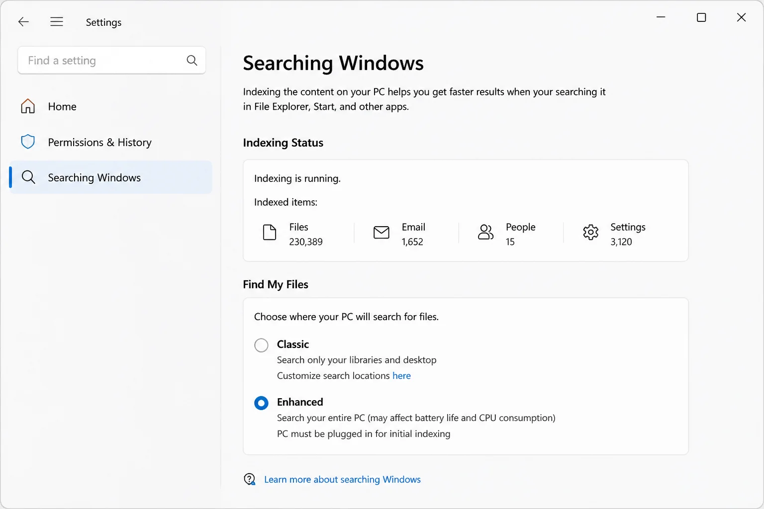 Windows Settings Searching Windows page showing Classic and Enhanced search mode options with Enhanced highlighted
