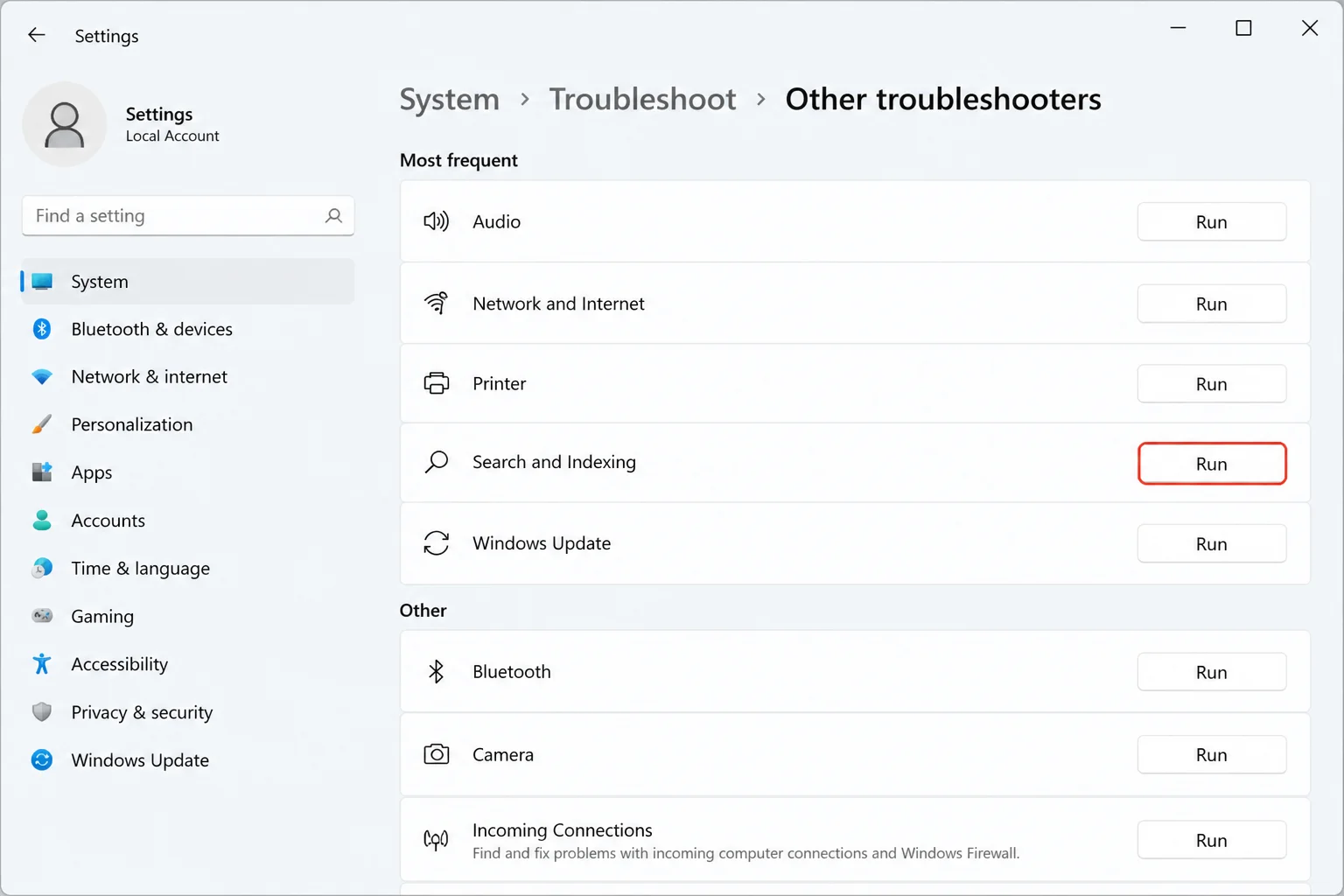 Settings Other troubleshooters list with the Search and Indexing troubleshooter entry and its Run button highlighted