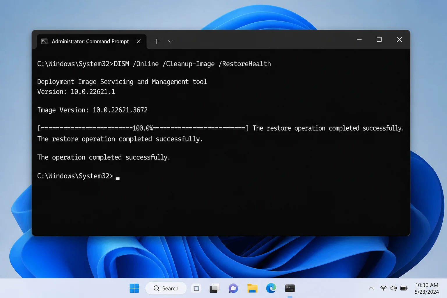 Elevated Windows Terminal window showing the output of DISM /Online /Cleanup-Image /RestoreHealth completing successfully