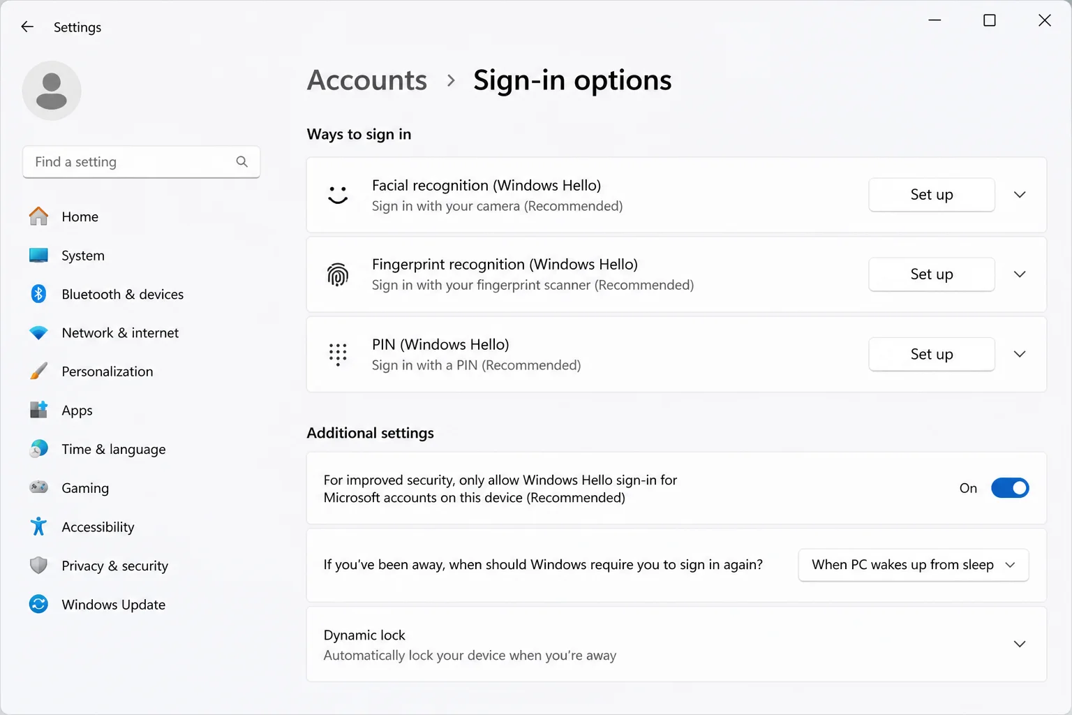 Settings app open to Accounts > Sign-in options page, showing the "Ways to sign in" list with PIN (Windows Hello), Facial recognition (Windows Hello), and Fingerprint recognition (Windows Hello) entries and their Set up buttons