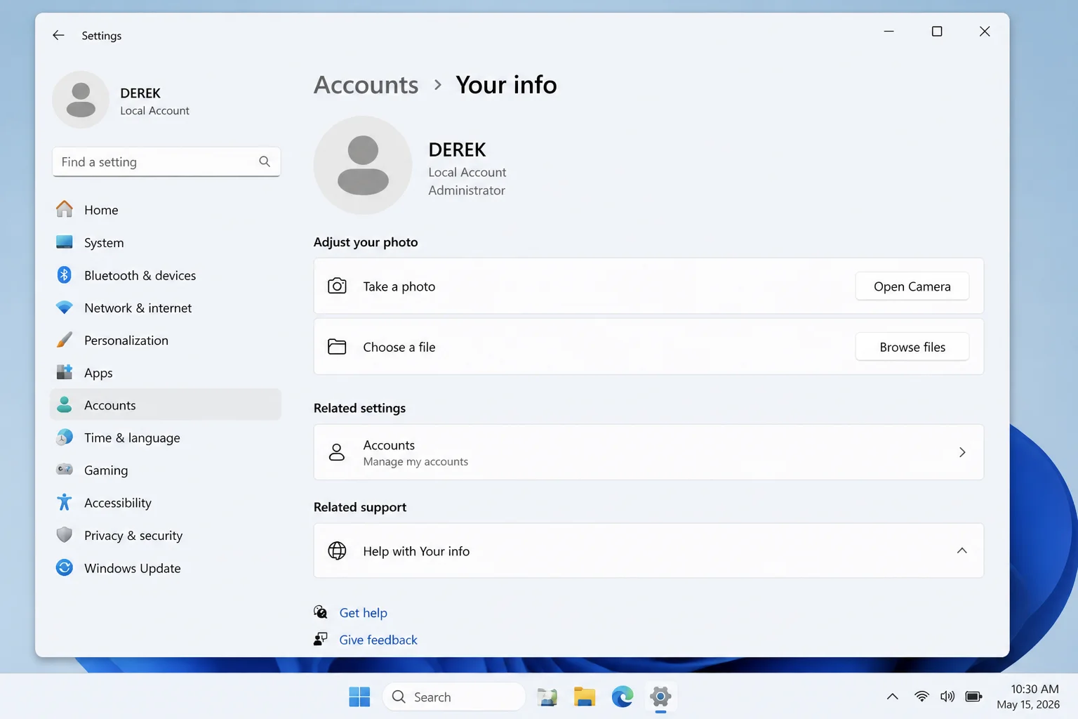 Settings Accounts > Your info page showing a local account name with no linked Microsoft account email, confirming local account status