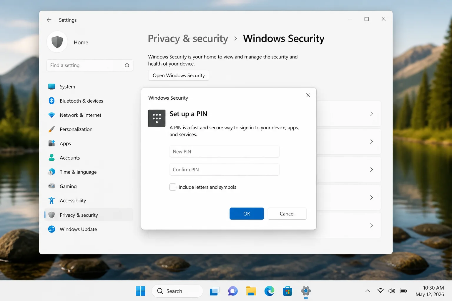 Windows "Set up a PIN" dialog box with New PIN and Confirm PIN fields visible, plus the optional Include letters and symbols checkbox