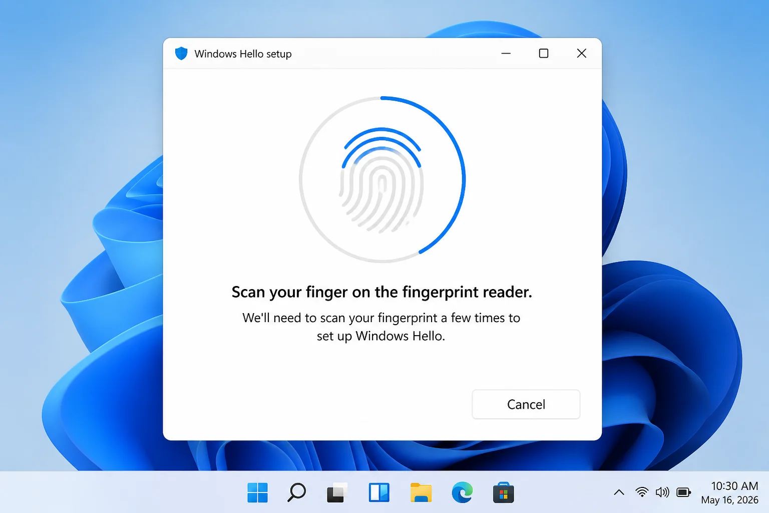Windows Hello fingerprint enrollment screen prompting the user to touch the fingerprint reader, with a progress ring filling in as the scan completes