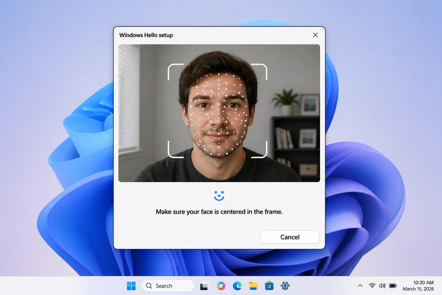 Windows Hello facial recognition setup screen showing the camera preview with a face-scanning overlay during enrollment
